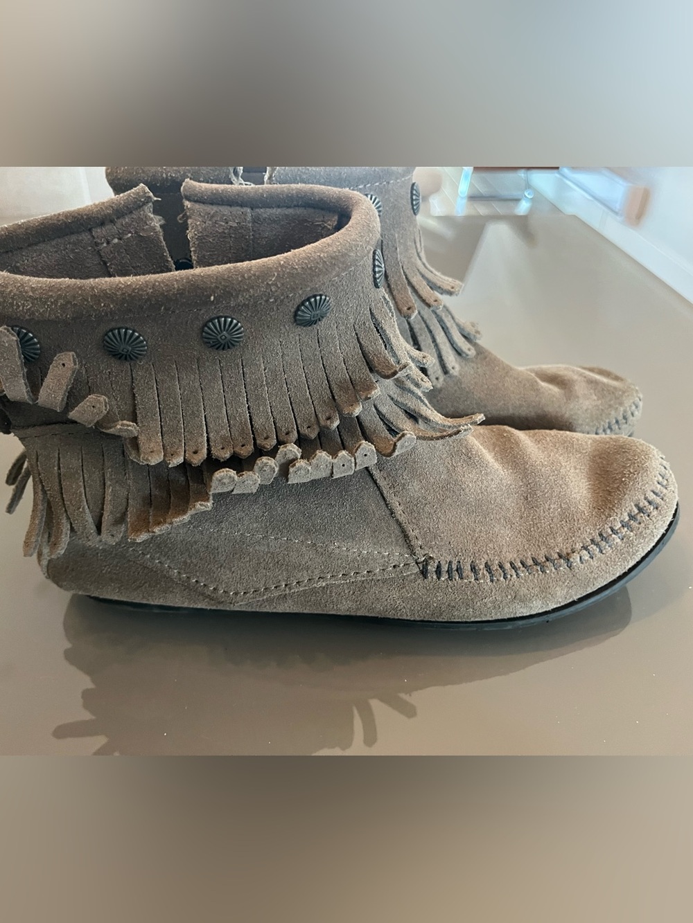 Minnetonka Suede Fringe Ankle Boots in grey